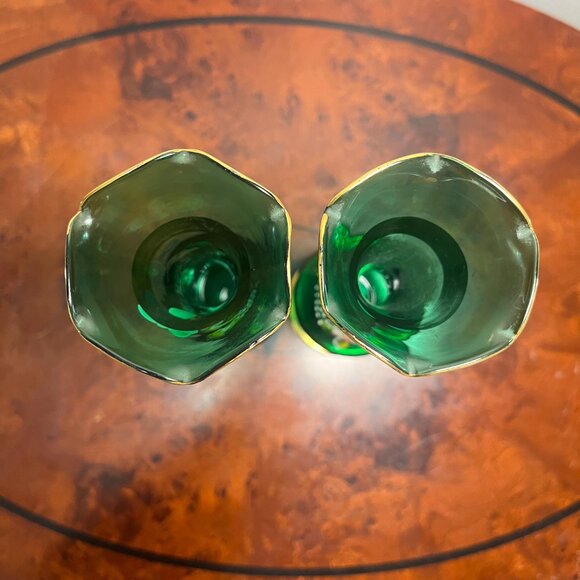 VTG Pair Czech Bohemian Green Vase Hand painted Hand blown 22k Gold Accents 8" - Picture 4 of 10